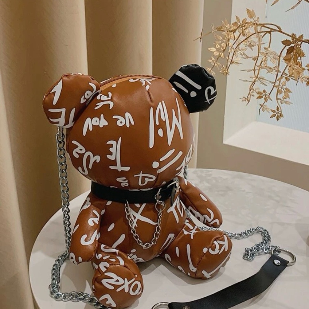 Brown Bear Shaped Bag with White Lettering
